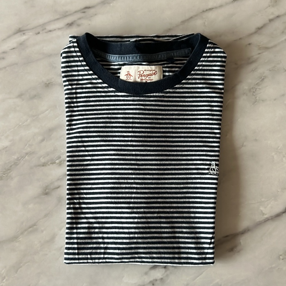 Penguin Tshirt tee blue and white stripes
